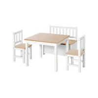 ensemble de table et chaises enfant - set de 4 pièces - table, 2 chaises, banc coffre 2 en 1 - mdf pin blanc bois clair
