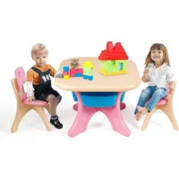 costway ensemble de table et 2 chaises pour enfants, 4 paniers de rangement en plastique, pieds avec coussinets antidérapants, enfants 3 ans+, charge 80kg (rose)