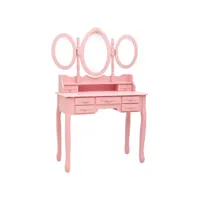coiffeuse scandianve avec tabouret et miroir pliable en 3 rose chambre