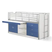 lit combiné 90x200 cm avec sommier 1 bureau 3 tiroirs bois blanc et bleu bonny bonhs9507