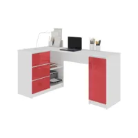 balaur - bureau informatique d'angle contemporain 155x85x77 cm - 3 tiroirs gloss  - table ordinateur multi-rangements - blanc/rouge laqué