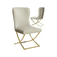 lot de 2 chaises de salle à manger design avec capitonnage à l'arrière revêtement en velours beige et piètement croisé en acier inoxydable doré collection landy viv-113168