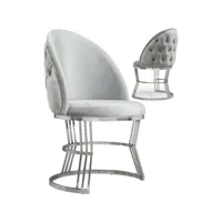 lot de 2 chaises de salle à manger design avec capitonnage à l'arrière revêtement en velours gris clair et piètement en acier inoxydable argenté collection javed viv-112840