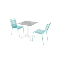 ensemble table de terrasse stratifié marbre et 2 chaises turquoise