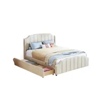 lit rembourré 140 x 200 cm,  avec 2 tiroirs de rangement, avec tête de lit, pied de lit et sommier à lattes,  beige