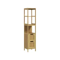 meuble colonne rangement salle de bain style cosy dim. 30l x 30l x 144h cm 3 étagères 2 tiroirs bambou mdf aspect bois clair