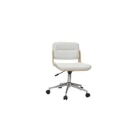 chaise de bureau à roulettes design blanc, bois clair et acier chromé aramon