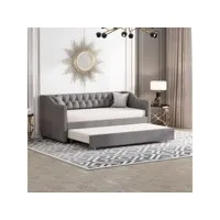 lit gigogne 90x200 cm, canapé lit avec sommier à lattes, tissu en lin, gris
