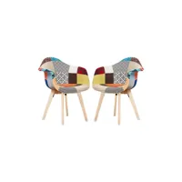 lot de 2 fauteuils patchwork scandinave tub - tissu recouvert de pieds en bois - multicolore