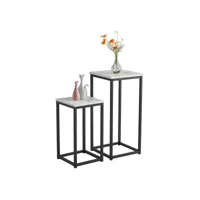 lot de 2 tables d'appoint carré bouts de canapé console en métal noir et bois effet marbre, blanc