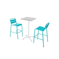 ensemble table haute stratifié marbre et 2 chaises hautes bleu