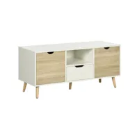 meuble tv banc tv style scandinave 2 portes tiroir niche piètement bois de pin panneaux blanc aspect chêne clair