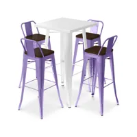 ensemble table blanche et 4 tabourets de bar design industriel - bistrot stylix violet pastel