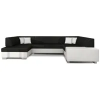 canapé convertible panoramique tissu noir et simili blanc méridienne à gauche houston 320 cm