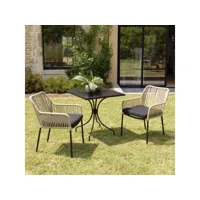 malo - salon de jardin 2 pers. - table carrée 70x70cm et 2 fauteuils beiges et noirs en cordage