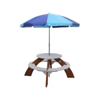 axi table picnic orion ronde 141x141x62cm brun blanc  avec parasol bleu a031.024.00