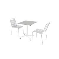 ensemble table de terrasse stratifié béton gris et 2 chaises blanc