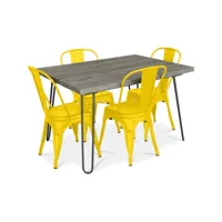 table de salle à manger design 120cm + 4 chaises de salle à manger - design industriel - hairpin stylix jaune