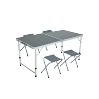 table de camping gris foncé avec 4 chaises pliantes grises, dimensions : l120 x p60 x h70 cm