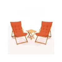 ensemble 2 chaise de jardin et 1 table basse purrault bois massif clair et tissu orange
