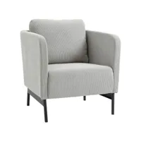 fauteuil lounge style néo-rétro piètement acier noir revêtement velours cotelé gris clair