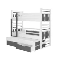 lit superposé 3 couchages avec 2 tiroirs de rangement blanc et gris graphite 90x200 niko