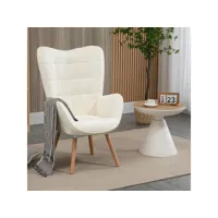 fauteuil scandinave chaise de canapé de loisirs pour salon salle à manger bureau avec un revêtement en bouclette, accoudoirs rembourés et des pieds en bois massif, blanc