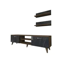 ensemble meuble tv et 2 étagères murales spirit bois foncé et effet marbre noir