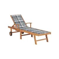 chaise longue  bain de soleil transat avec coussin à carreaux gris bois de teck solide meuble pro frco42424