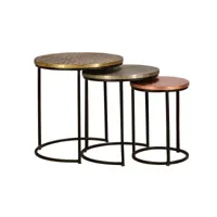 set de 3 tables basses en métal coloris laiton, bronze et cuivre