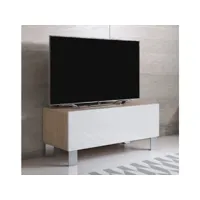 meuble tv 1 porte  100 x 42 x 40cm  pieds en aluminium  sonoma et blanc finition brillante   modèle luke h1 tvsd031sowhpa-1box