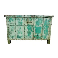 malle, coffre de rangement rectangulaire en bois et métal coloris vert, blanc - longueur 124 x profondeur 47 x hauteur 84 cm
