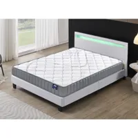 lit avec tête de lit + matelas 140x200cm latex naturel épaisseur 16cm + lit, tête de lit led et sommier à lattes
