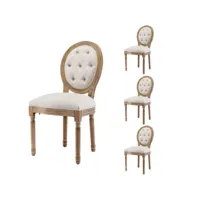 lot de 4 chaises de salle à manger boutons capitonnés en lin crème chaise médaillon pieds en bois massif