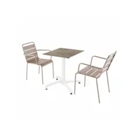 ensemble table terrasse stratifié marbre beige et 2 fauteuils taupe
