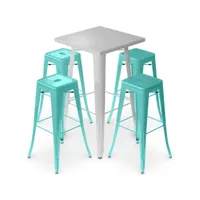 pack tabouret table & 4 tabourets de bar design industriel - métal - nouvelle edition - bistrot stylix vert pastel