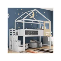 lit combiné enfant 90x200cm avec escalier, fenêtre,  3 tiroirs, maison de jeu pour enfants en bois massif, blanc