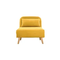 fauteuil convertible scandinave en tissu effet velours jaune moutarde et bois clair amiko