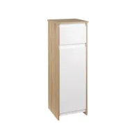 meuble colonne bas salle de bain style cosy dim. 32l x 30l x 90h cm porte étagère tiroir mdf blanc aspect chêne clair