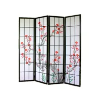 paravent japonais fleur de cerisier en bois noir de 4 pans, l176 x h175 x p2 cm -pegane-