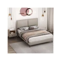 chambre complète, lit adulte 140x200cm + 1 table de chevet, lit rembourré avec sommier à lattes, tissu en pu, gris clair