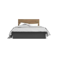 lit coffre 160x200 cm gris anthracite avec tête de lit effet noyer - aurelia