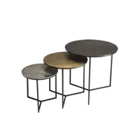 set de 3 tables gigognes rondes - aluminium noir/ doré/argenté