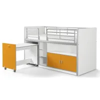 lit combiné 90x200 cm avec sommier 1 bureau 2 portes bois blanc et orange bonny bonhs9111