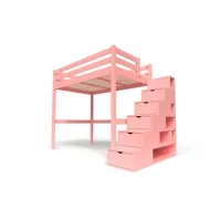 lit mezzanine bois avec escalier cube sylvia 120x200 rose pastel cube120-rosepas