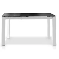 table à manger design extensible verre teinté noir et pieds métal blanc mikale 140 à 190 cm
