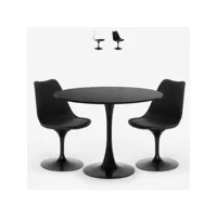 table cuisine ronde noire 80cm 2 chaises transparentes tulipe almat - noir