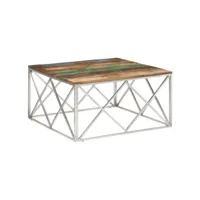 table basse argenté inox et bois de récupération massif