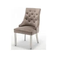 chaise capitonnée velours moka avec anneau au dos et pieds métal chromé royal - lot de 2