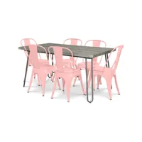 pack table à manger - design industriel 150cm + pack de 6 chaises à manger - design industriel - hairpin stylix orange pâle